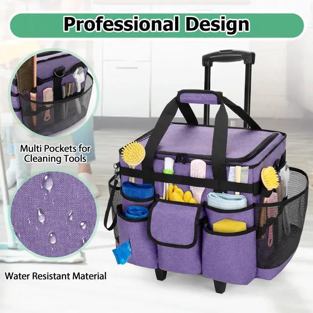 Alt view image 2 of 7 - LoDrid Rolling Cleaning Caddy with Lid, Cleaning Supplies Organizer with Detachable Trolley, Cleaning Caddy Cart on Wheels with Handle and Shoulder Strap for Housekeepers, Purple, Bag Only