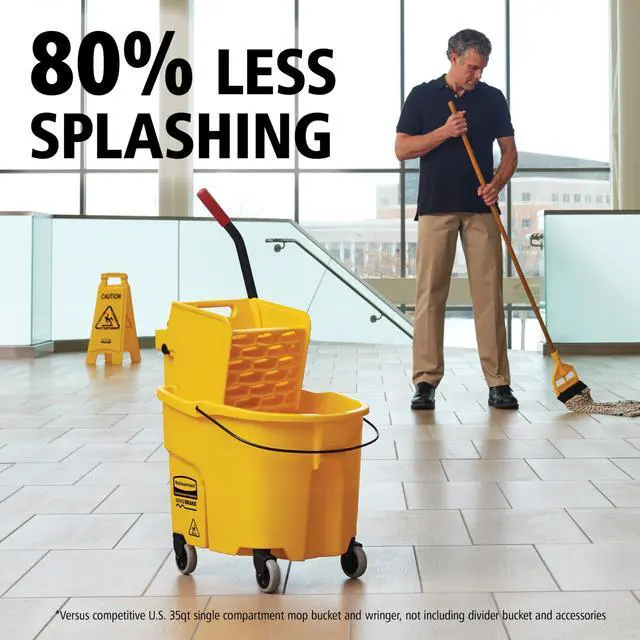 Alt view image 2 of 7 - Rubbermaid Commercial Products WaveBrake 35 Qt. Side-Press Mop Bucket and Wringer Combo on Wheels Yellow for Professional/Industrial/Business Heavy-Duty Floor Cleaning/Mopping