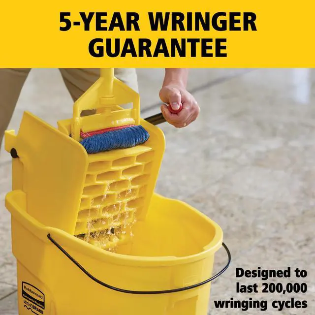 Alt view image 3 of 7 - Rubbermaid Commercial Products WaveBrake 35 Qt. Side-Press Mop Bucket and Wringer Combo on Wheels Yellow for Professional/Industrial/Business Heavy-Duty Floor Cleaning/Mopping