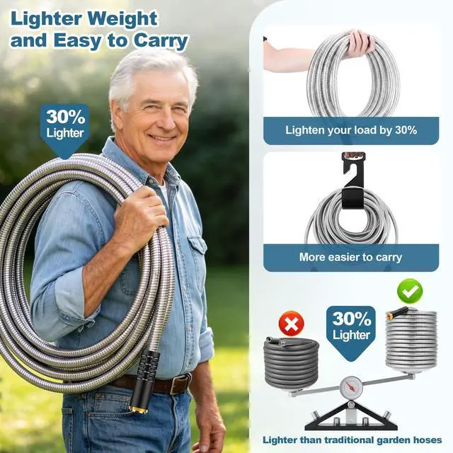 Alt view image 4 of 7 - Garden Hose Metal 100FT, Stainless Steel Heavy Duty Water Hose With 10 Function Nozzle, No-Kink, Tough & Flexible, Sturdy and Lightweight, Rust Proof for Yard, Outdoor, RV