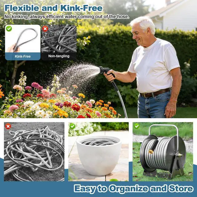 Alt view image 6 of 7 - Garden Hose Metal 100FT, Stainless Steel Heavy Duty Water Hose With 10 Function Nozzle, No-Kink, Tough & Flexible, Sturdy and Lightweight, Rust Proof for Yard, Outdoor, RV