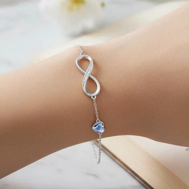 Alt view image 3 of 7 - CDE Infinity Heart Birthstone Charm Link Bracelet for Women 925 Sterling Silver Adjustable Valentine's Mother's Day Christmas Day Gift Anniversary Birthday Jewelry for Wife Girlfriend HerSilver-Blue