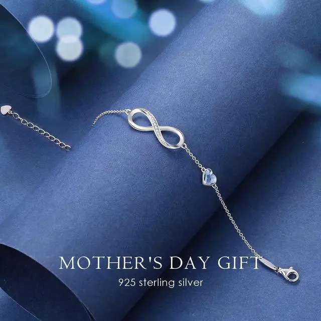 Alt view image 4 of 7 - CDE Infinity Heart Birthstone Charm Link Bracelet for Women 925 Sterling Silver Adjustable Valentine's Mother's Day Christmas Day Gift Anniversary Birthday Jewelry for Wife Girlfriend HerSilver-Blue