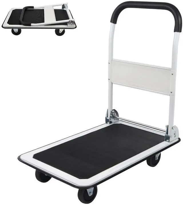 Main image of LEADALLWAY Foldable Push Cart Platform Cart 330lbs Capacity 4 Wheels 28.7x18.5x32.3inches White with 2 Ropes Small Flatbed Cart