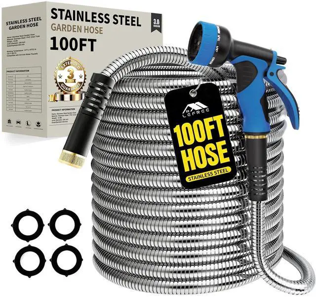 Main image of Lefree 100ft Metal Garden Hose - Heavy Duty 304 Stainless Steel Flexible Water Hose, No Kinks & Leak-Proof with Upgraded Handle, 10-Function Spray Nozzle & 4 Spare Gaskets for Yard, RV, Pet Bath