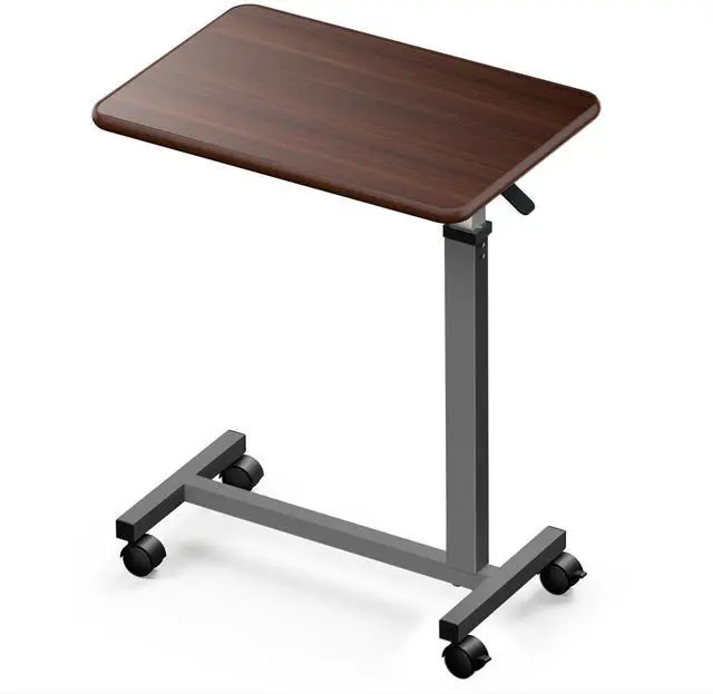Main image of WOTURE Pneumatic Adjustable Overbed Bedside Table with Wheels - Hospital & Home Use, Medical Bed Table, Mobile Standing Desk, Rolling Laptop Cart, Non Tilt Surface(23.6" L x 15.7" W, Walnut)