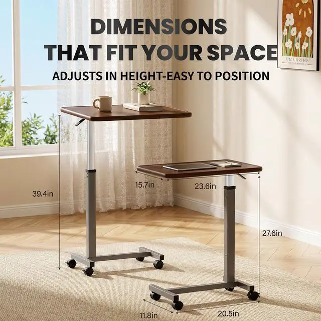 Alt view image 2 of 7 - WOTURE Pneumatic Adjustable Overbed Bedside Table with Wheels - Hospital & Home Use, Medical Bed Table, Mobile Standing Desk, Rolling Laptop Cart, Non Tilt Surface(23.6" L x 15.7" W, Walnut)