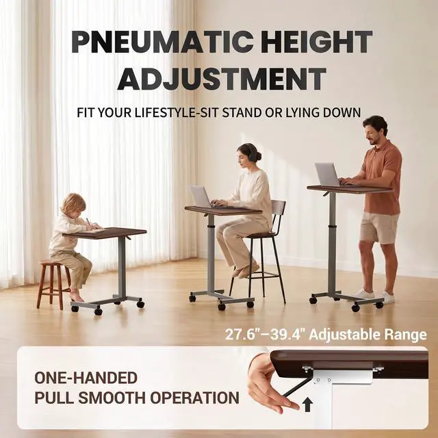 Alt view image 3 of 7 - WOTURE Pneumatic Adjustable Overbed Bedside Table with Wheels - Hospital & Home Use, Medical Bed Table, Mobile Standing Desk, Rolling Laptop Cart, Non Tilt Surface(23.6" L x 15.7" W, Walnut)
