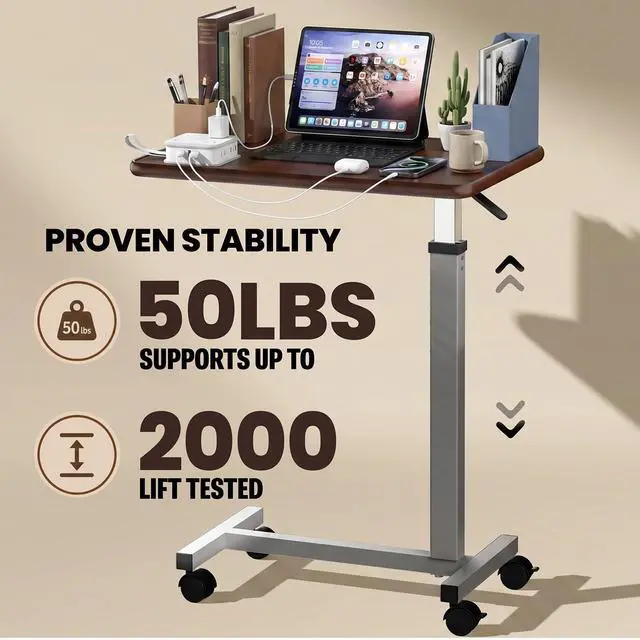 Alt view image 5 of 7 - WOTURE Pneumatic Adjustable Overbed Bedside Table with Wheels - Hospital & Home Use, Medical Bed Table, Mobile Standing Desk, Rolling Laptop Cart, Non Tilt Surface(23.6" L x 15.7" W, Walnut)