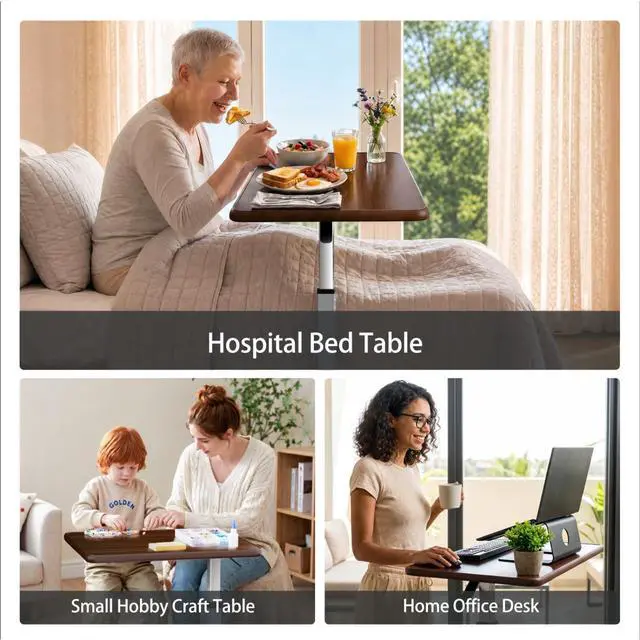 Alt view image 7 of 7 - WOTURE Pneumatic Adjustable Overbed Bedside Table with Wheels - Hospital & Home Use, Medical Bed Table, Mobile Standing Desk, Rolling Laptop Cart, Non Tilt Surface(23.6" L x 15.7" W, Walnut)