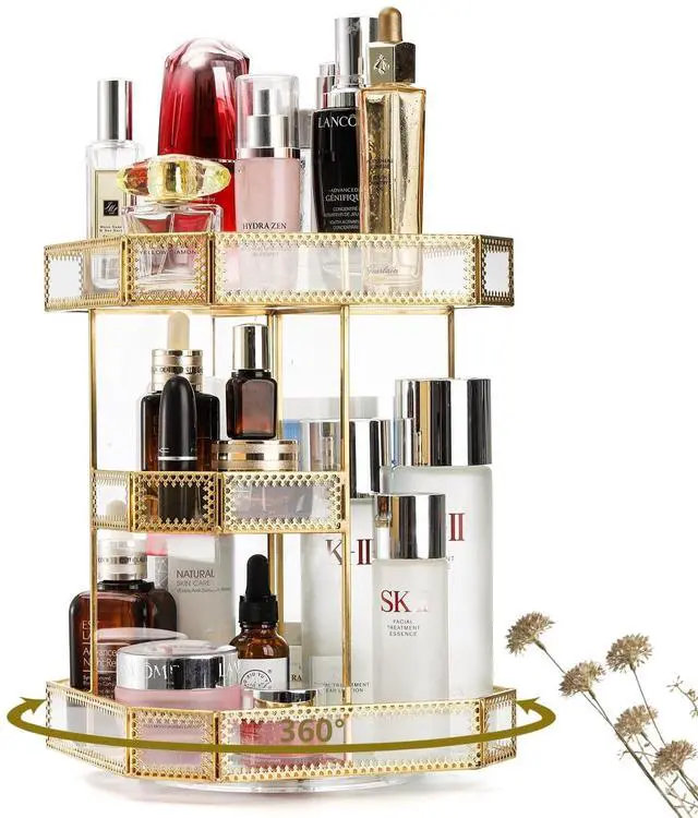 Main image of ZOOFOX 360 Degree Rotating Glass Makeup Organizer, Large Cosmetics Storage Display Holder with Gold Trim for Vanity, Clear Makeup Carousel for Perfume, Cosmetics, Brushes, Lotion, Lipsticks