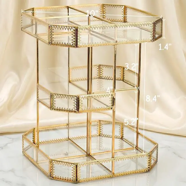 Alt view image 2 of 7 - ZOOFOX 360 Degree Rotating Glass Makeup Organizer, Large Cosmetics Storage Display Holder with Gold Trim for Vanity, Clear Makeup Carousel for Perfume, Cosmetics, Brushes, Lotion, Lipsticks