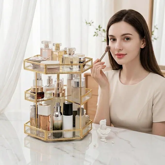 Alt view image 7 of 7 - ZOOFOX 360 Degree Rotating Glass Makeup Organizer, Large Cosmetics Storage Display Holder with Gold Trim for Vanity, Clear Makeup Carousel for Perfume, Cosmetics, Brushes, Lotion, Lipsticks