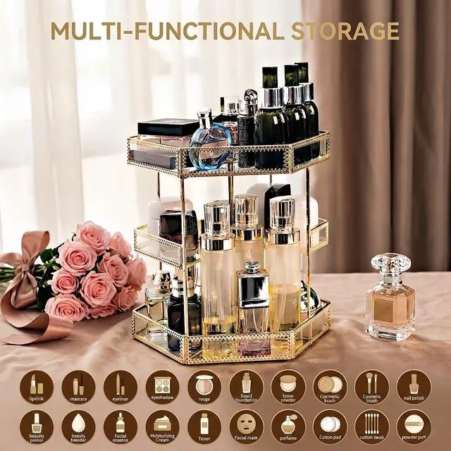 Alt view image 6 of 7 - ZOOFOX 360 Degree Rotating Glass Makeup Organizer, Large Cosmetics Storage Display Holder with Gold Trim for Vanity, Clear Makeup Carousel for Perfume, Cosmetics, Brushes, Lotion, Lipsticks