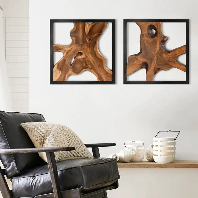 Main image of JOLLYMER 2 Pack Live Edge Teak Wood Wall Decor, Rustic Wooden Wall Art, Handcrafted Home Decoration for Living Room Bedroom Office, 17"x17" Natural Frame