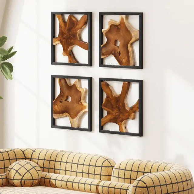 Alt view image 4 of 7 - JOLLYMER 2 Pack Live Edge Teak Wood Wall Decor, Rustic Wooden Wall Art, Handcrafted Home Decoration for Living Room Bedroom Office, 17"x17" Natural Frame