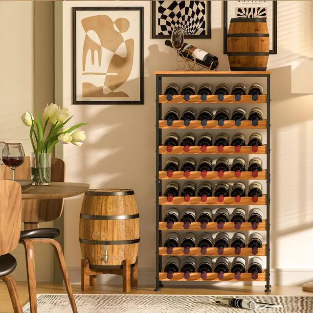 Alt view image 4 of 7 - Sonyabecca 48 Bottle Wine Rack Freestanding Floor with Wood Top,8-Tier Wine Storage Shelf with Serving Station, Wine Holder for Kitchen, Bar, Dining Room, Home Bar Cabinet for Wine Bottles, No Wobble