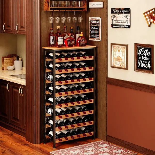 Alt view image 6 of 7 - Sonyabecca 48 Bottle Wine Rack Freestanding Floor with Wood Top,8-Tier Wine Storage Shelf with Serving Station, Wine Holder for Kitchen, Bar, Dining Room, Home Bar Cabinet for Wine Bottles, No Wobble