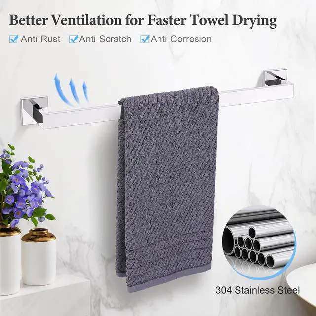 Alt view image 2 of 7 - TURS 5-Piece Bathroom Hardware Set Polished Towel Bar Sets Include 23.4 Inch Towel Rail Hand Towel Bar Tissue Holder and 2 Towel Hooks, Stainless Steel Wall Mounted Towel Racks for Bathroom