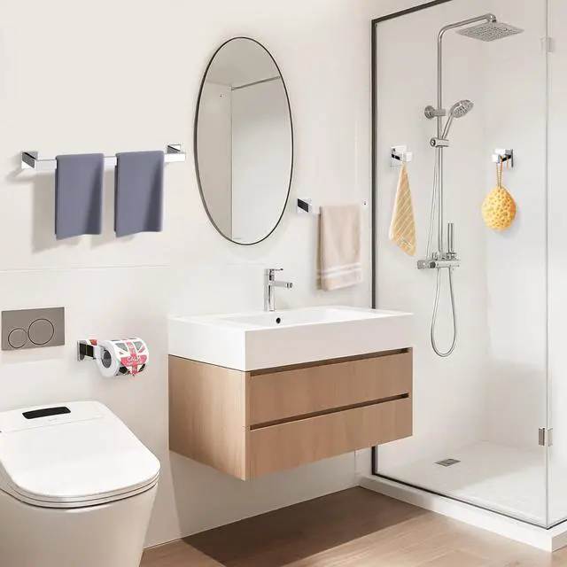 Alt view image 6 of 7 - TURS 5-Piece Bathroom Hardware Set Polished Towel Bar Sets Include 23.4 Inch Towel Rail Hand Towel Bar Tissue Holder and 2 Towel Hooks, Stainless Steel Wall Mounted Towel Racks for Bathroom