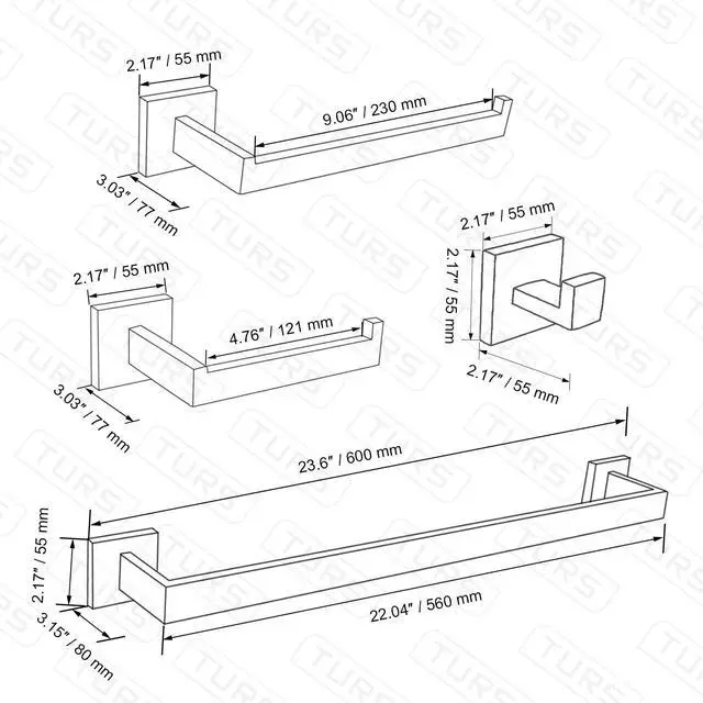 Alt view image 7 of 7 - TURS 5-Piece Bathroom Hardware Set Polished Towel Bar Sets Include 23.4 Inch Towel Rail Hand Towel Bar Tissue Holder and 2 Towel Hooks, Stainless Steel Wall Mounted Towel Racks for Bathroom