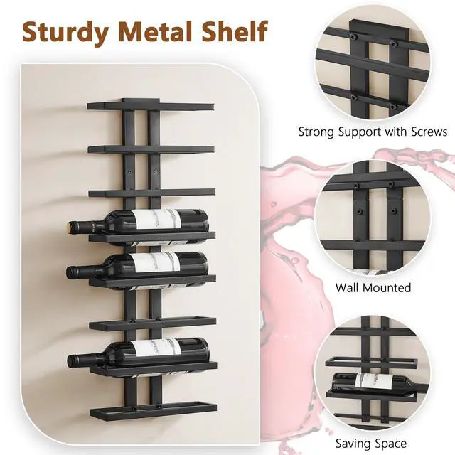 Alt view image 5 of 7 - Hoctieon 3-Set 8 Tier Wall Mount Wine Rack (24 Tiers), Wall Racks for Wine Bottles Display and Storage, Hanging Bottle Organizer for Living Room, Dining Room, Wine Cellar, Bar, Black