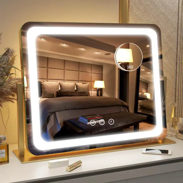 Main image of FENNIO Gold Vanity Mirror with Lights 22"x19", LED Lighted Makeup Mirror, Large Makeup Mirror, Make up Mirror with Lighting,Touch Screen with 3-Color Lighting,Dimmable,for Vanity Desk Tabletop