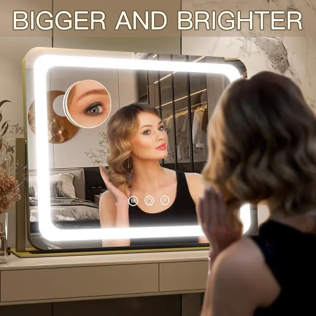 Alt view image 3 of 7 - FENNIO Gold Vanity Mirror with Lights 22"x19", LED Lighted Makeup Mirror, Large Makeup Mirror, Make up Mirror with Lighting,Touch Screen with 3-Color Lighting,Dimmable,for Vanity Desk Tabletop