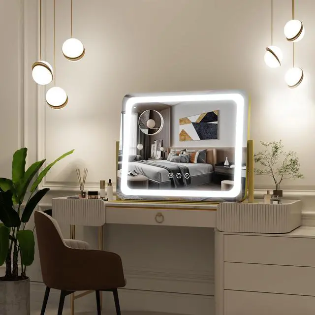Alt view image 6 of 7 - FENNIO Gold Vanity Mirror with Lights 22"x19", LED Lighted Makeup Mirror, Large Makeup Mirror, Make up Mirror with Lighting,Touch Screen with 3-Color Lighting,Dimmable,for Vanity Desk Tabletop