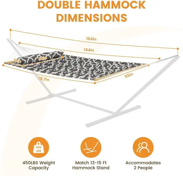 Alt view image 2 of 7 - Lazy Daze Hammocks 12FT Quilted Fabric Hammock with Soft Pillow, Double 2 Person Tree Hammock with Spreader Bar for Outdoor Outside Patio Garden Yard, 450lbs Weight Capacity