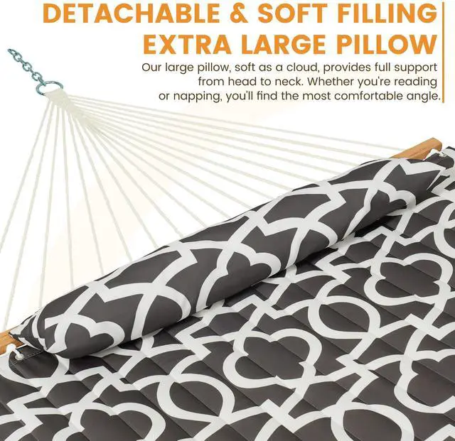Alt view image 3 of 7 - Lazy Daze Hammocks 12FT Quilted Fabric Hammock with Soft Pillow, Double 2 Person Tree Hammock with Spreader Bar for Outdoor Outside Patio Garden Yard, 450lbs Weight Capacity