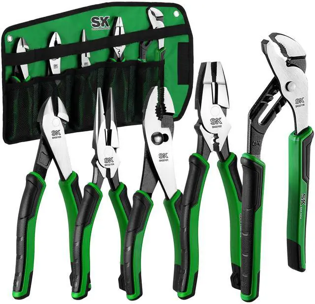 Main image of SK 5-Piece Pliers Set, 8" Needle Nose & Slip Joint & Diagonal Pliers, 9.5" Linesman, and 10" Groove Joint, CR-V Construction, Anti-slip Handle, with Rolling Pouch