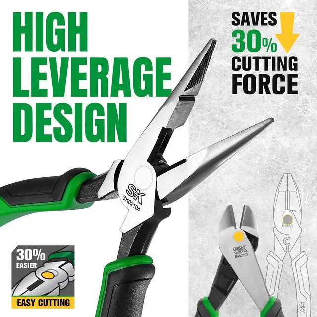 Alt view image 7 of 7 - SK 5-Piece Pliers Set, 8" Needle Nose & Slip Joint & Diagonal Pliers, 9.5" Linesman, and 10" Groove Joint, CR-V Construction, Anti-slip Handle, with Rolling Pouch