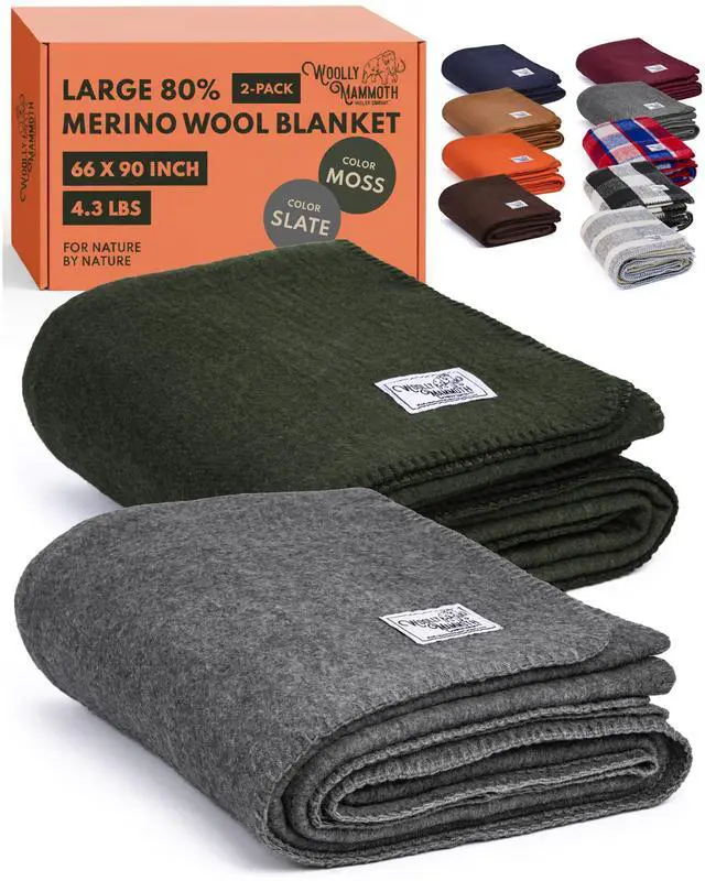 Main image of Woolly Mammoth | 80% Merino Wool Camp Blankets (2-Pack) | Soft, Naturally Fire-Resistant & Temperature-Regulating | Winter Camping, Bushcraft and Emergency Car Kits (66" x 90", Slate & Moss)