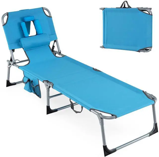 Main image of Goplus Tanning Chair, Folding Adjustable Patio Lounge Chair with Face Hole, Removable Pillow, 330LBS, Carry Strap, Outdoor Sunbathing Chair, Lightweight Portable Beach Lounge Chair (1, Navy)