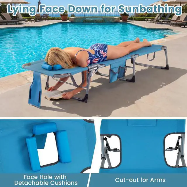 Alt view image 2 of 7 - Goplus Tanning Chair, Folding Adjustable Patio Lounge Chair with Face Hole, Removable Pillow, 330LBS, Carry Strap, Outdoor Sunbathing Chair, Lightweight Portable Beach Lounge Chair (1, Navy)