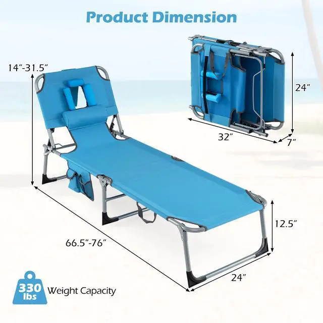 Alt view image 3 of 7 - Goplus Tanning Chair, Folding Adjustable Patio Lounge Chair with Face Hole, Removable Pillow, 330LBS, Carry Strap, Outdoor Sunbathing Chair, Lightweight Portable Beach Lounge Chair (1, Navy)