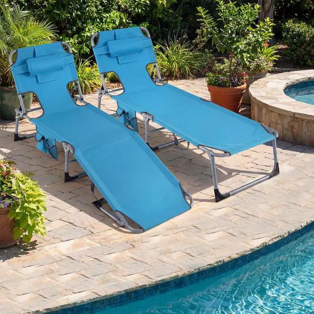 Alt view image 5 of 7 - Goplus Tanning Chair, Folding Adjustable Patio Lounge Chair with Face Hole, Removable Pillow, 330LBS, Carry Strap, Outdoor Sunbathing Chair, Lightweight Portable Beach Lounge Chair (1, Navy)