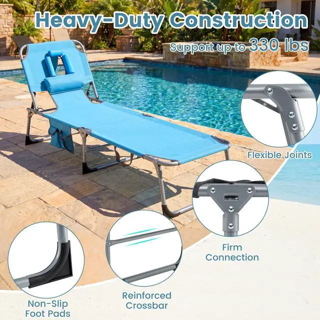 Alt view image 6 of 7 - Goplus Tanning Chair, Folding Adjustable Patio Lounge Chair with Face Hole, Removable Pillow, 330LBS, Carry Strap, Outdoor Sunbathing Chair, Lightweight Portable Beach Lounge Chair (1, Navy)