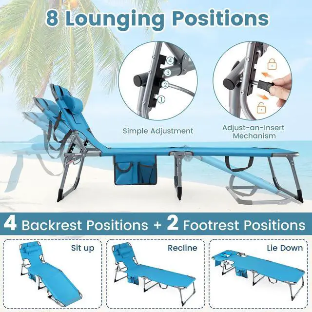 Alt view image 7 of 7 - Goplus Tanning Chair, Folding Adjustable Patio Lounge Chair with Face Hole, Removable Pillow, 330LBS, Carry Strap, Outdoor Sunbathing Chair, Lightweight Portable Beach Lounge Chair (1, Navy)