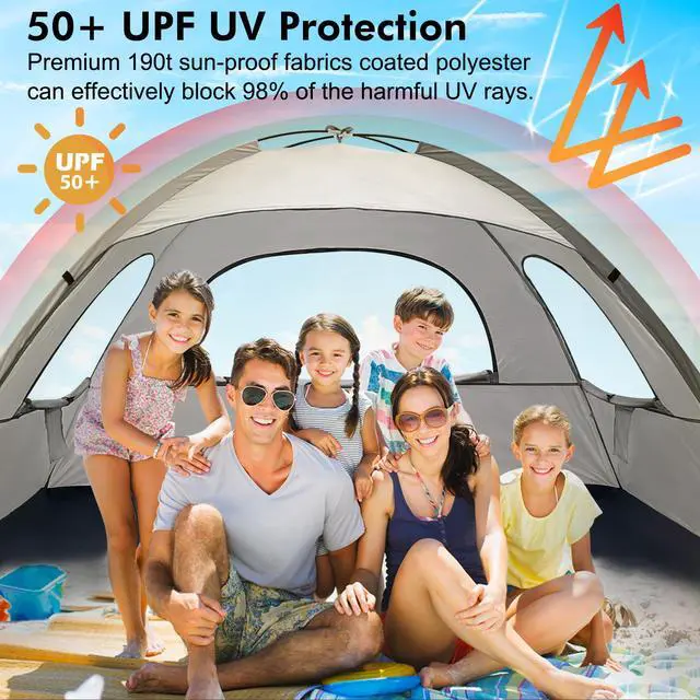 Alt view image 3 of 7 - WhiteFang Beach Tent Anti-UV Portable Sun Shade Shelter for 6 Person, Extendable Floor with 3 Ventilating Mesh Windows Plus Carrying Bag, Stakes and Guy Lines (Baby's Breath)