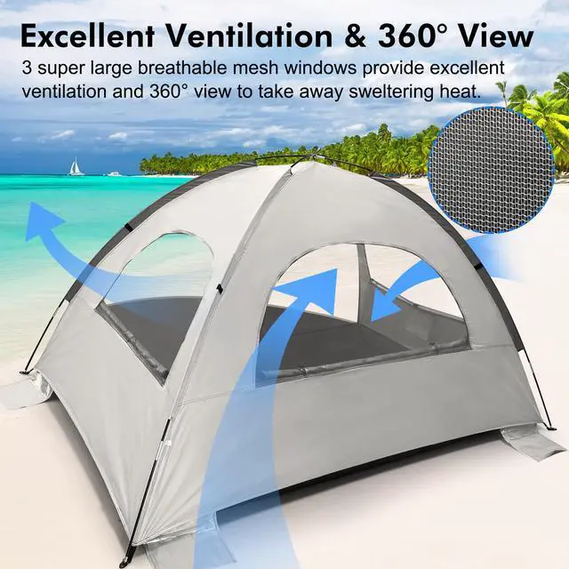Alt view image 5 of 7 - WhiteFang Beach Tent Anti-UV Portable Sun Shade Shelter for 6 Person, Extendable Floor with 3 Ventilating Mesh Windows Plus Carrying Bag, Stakes and Guy Lines (Baby's Breath)