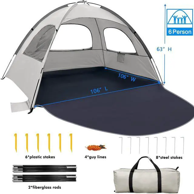 Alt view image 7 of 7 - WhiteFang Beach Tent Anti-UV Portable Sun Shade Shelter for 6 Person, Extendable Floor with 3 Ventilating Mesh Windows Plus Carrying Bag, Stakes and Guy Lines (Baby's Breath)