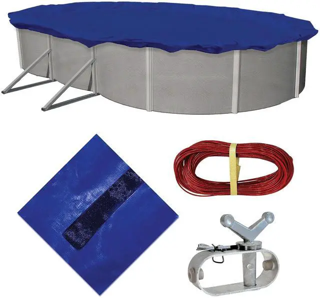 Main image of Blue Wave Gold 15-Year 12 ft x 24 ft Oval Above Ground Pool Cover for Winter Durable & Weather-Resistant Polyethylene 4 ft Overlap, Black Underside, Reinforced Grommets, Winch, Cable Royal Blue