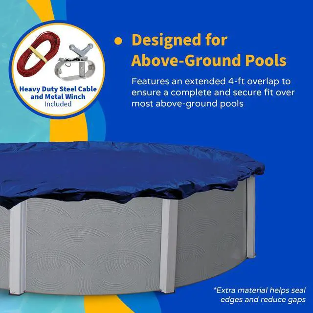 Alt view image 6 of 6 - Blue Wave Gold 15-Year 12 ft x 24 ft Oval Above Ground Pool Cover for Winter Durable & Weather-Resistant Polyethylene 4 ft Overlap, Black Underside, Reinforced Grommets, Winch, Cable Royal Blue