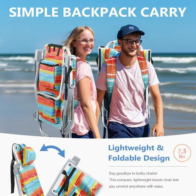 Alt view image 2 of 7 - PASAMIC Backpack Beach Chairs for Adults 2 Pack Portable, Lay Flat Reclining Beach Chairs with 5 Positions, Tall Heavy Duty Folding Chair with Cup Holder, Cooler Pouch, Towel Bar, Multicolor Stripe