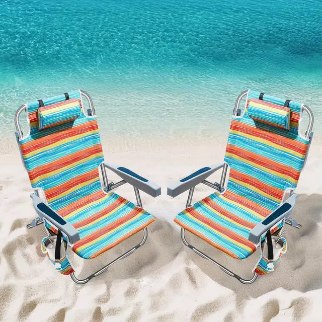 Main image of PASAMIC Backpack Beach Chairs for Adults 2 Pack Portable, Lay Flat Reclining Beach Chairs with 5 Positions, Tall Heavy Duty Folding Chair with Cup Holder, Cooler Pouch, Towel Bar, Multicolor Stripe