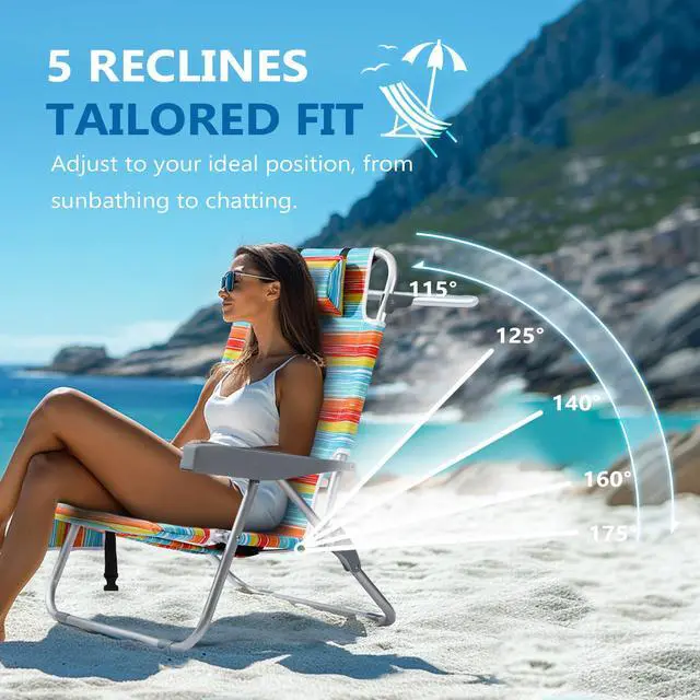 Alt view image 3 of 7 - PASAMIC Backpack Beach Chairs for Adults 2 Pack Portable, Lay Flat Reclining Beach Chairs with 5 Positions, Tall Heavy Duty Folding Chair with Cup Holder, Cooler Pouch, Towel Bar, Multicolor Stripe
