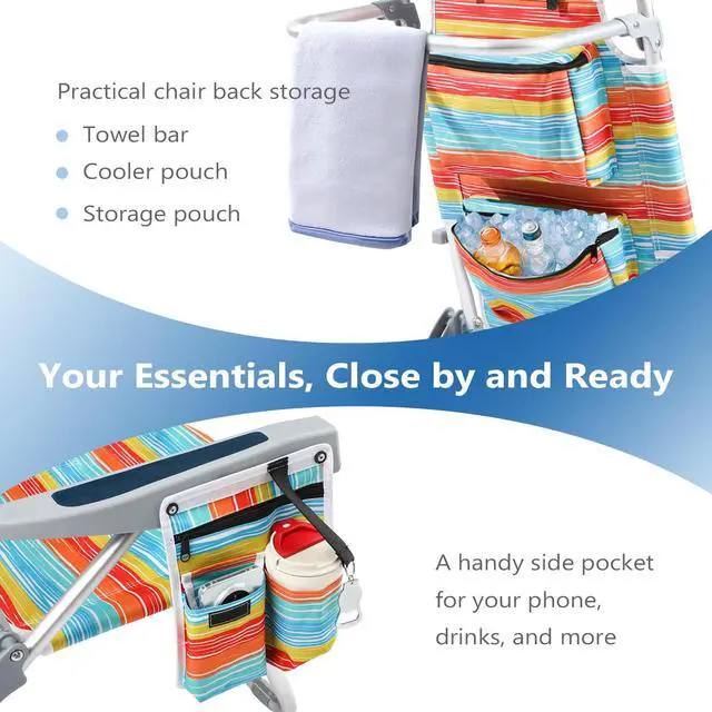 Alt view image 4 of 7 - PASAMIC Backpack Beach Chairs for Adults 2 Pack Portable, Lay Flat Reclining Beach Chairs with 5 Positions, Tall Heavy Duty Folding Chair with Cup Holder, Cooler Pouch, Towel Bar, Multicolor Stripe
