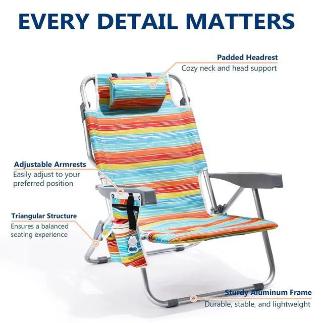 Alt view image 6 of 7 - PASAMIC Backpack Beach Chairs for Adults 2 Pack Portable, Lay Flat Reclining Beach Chairs with 5 Positions, Tall Heavy Duty Folding Chair with Cup Holder, Cooler Pouch, Towel Bar, Multicolor Stripe